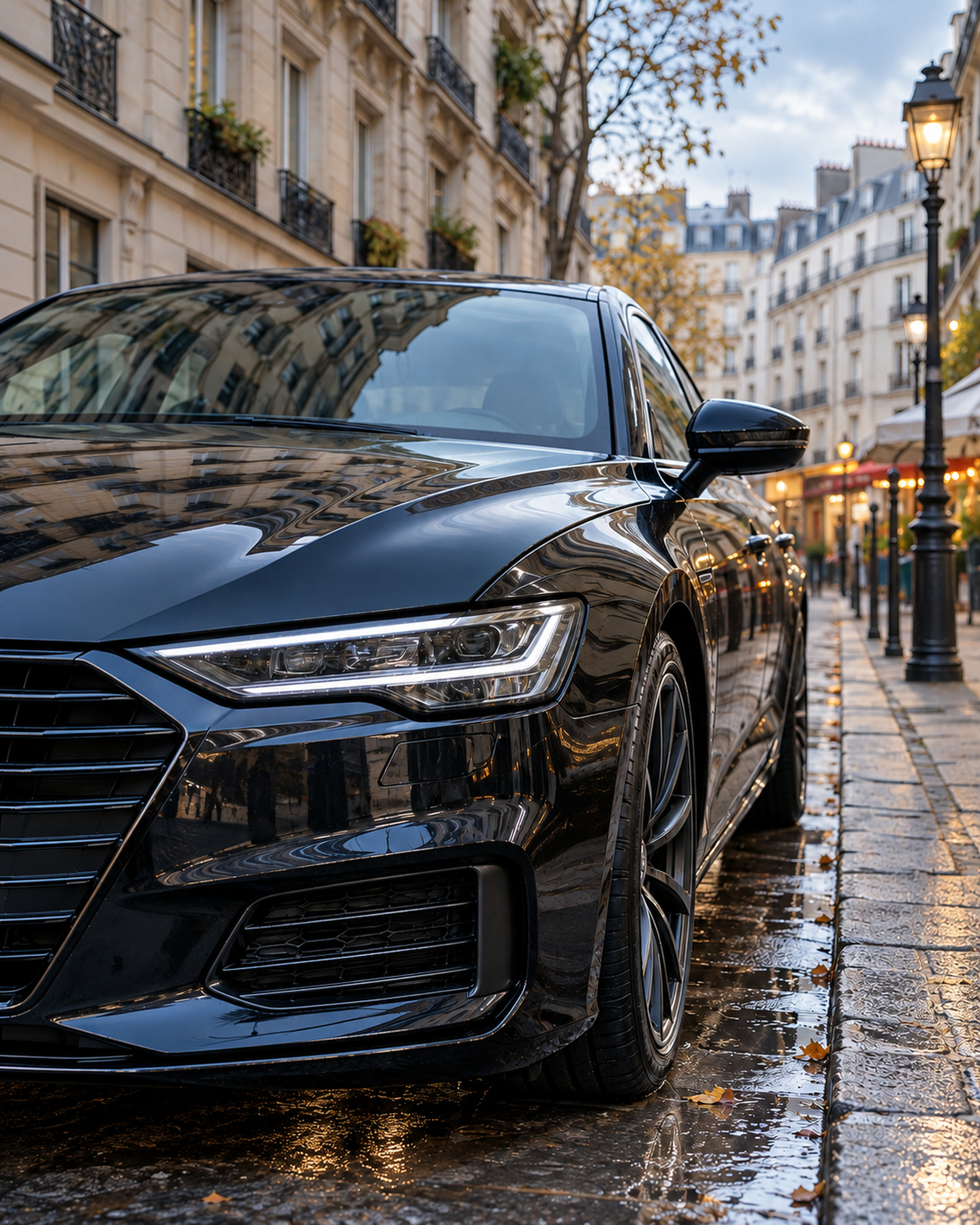 voiture sombre propre dans une rue parisienne du 11e, lumière froide